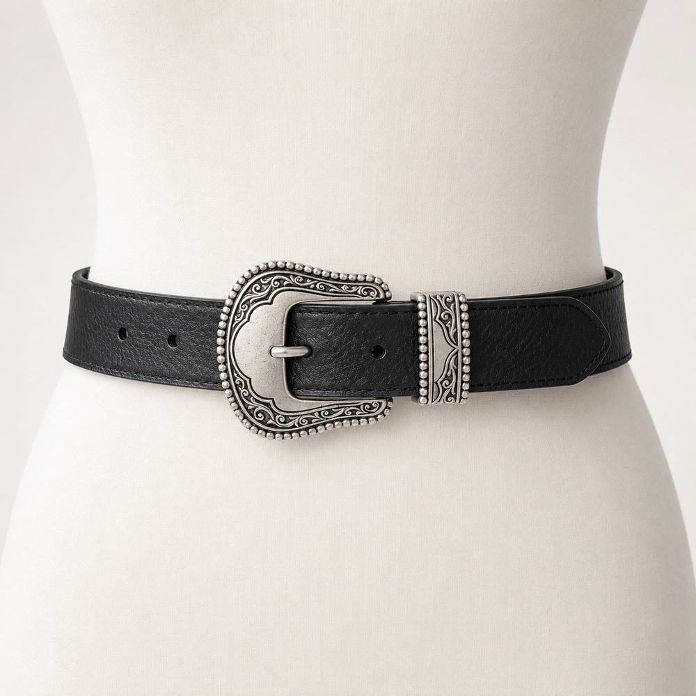 Vince Camuto Western Belt Women Small Black Silver Engraved Buckle Boho Cowgirl